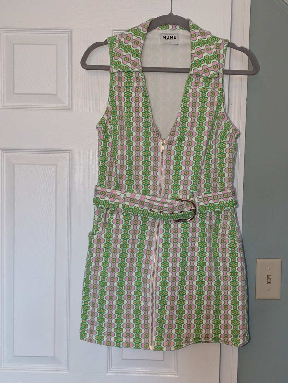 Green & Pink Sleeveless Zip Front Belted Dress